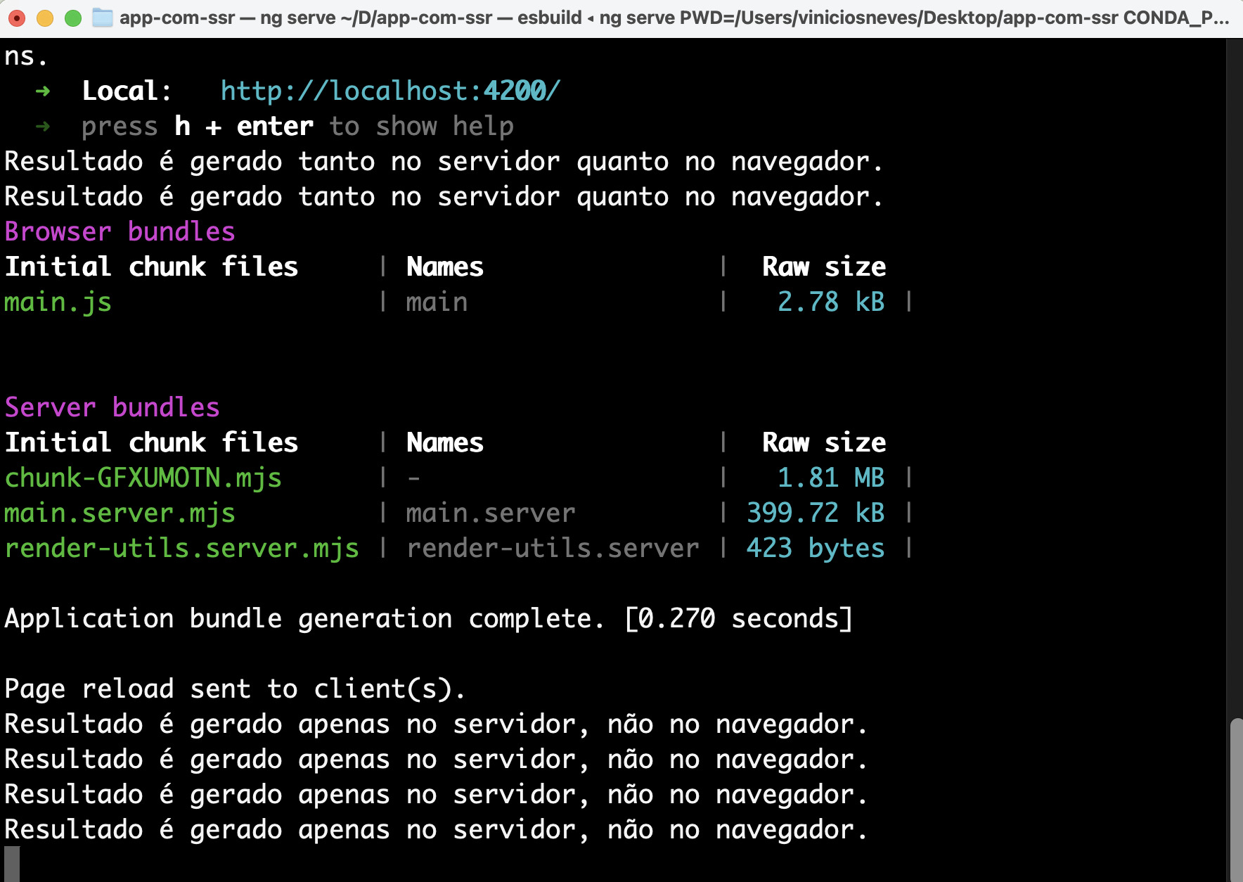 A imagem mostra a saída de um terminal após a execução do comando "ng serve" para um projeto Angular. Exibe detalhes sobre os arquivos gerados e seus tamanhos, incluindo arquivos de chunk inicial e lazy para o servidor. Mostra uma URL local "http://localhost:4200/" para acessar a aplicação e mensagens indicando que o "Resultado é gerado tanto no servidor quanto no navegador."