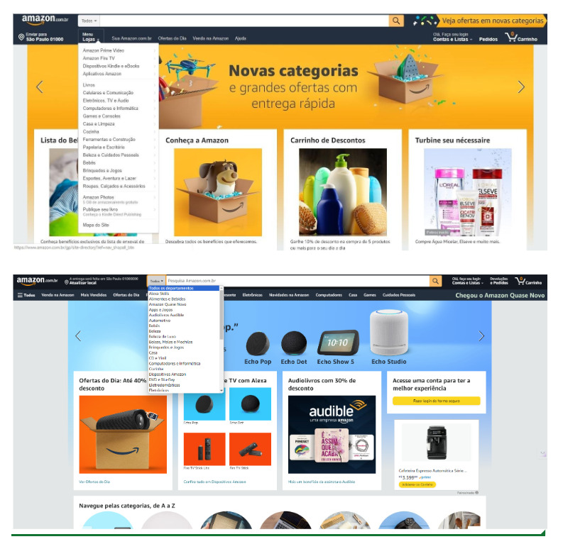 Printscreen de tela da Amazon em 2019 e em 2024.
