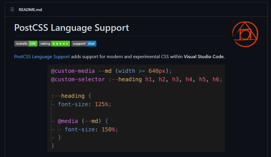 Arquivo README do github da extensão PostCSS
