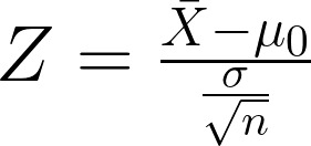 Fórmula matemática: Z é igual a divisão de dois termos. O numerador é a subtração de X barra por mü zero. O denominador é a divisão de sigma por raiz de n.