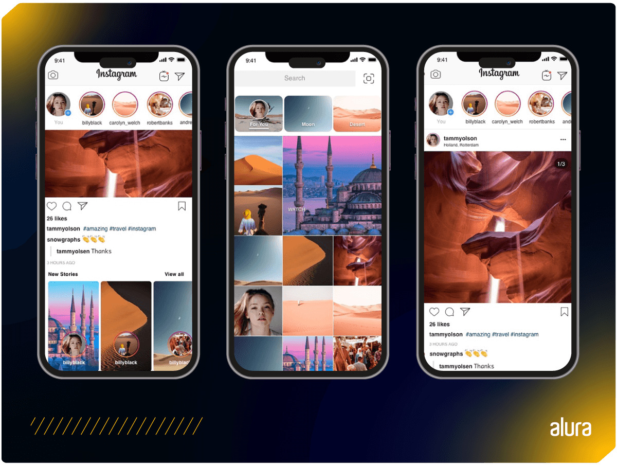 Interface do aplicativo Instagram mostrando imagens no feed e a interface do instagram como, o explorar e stories.