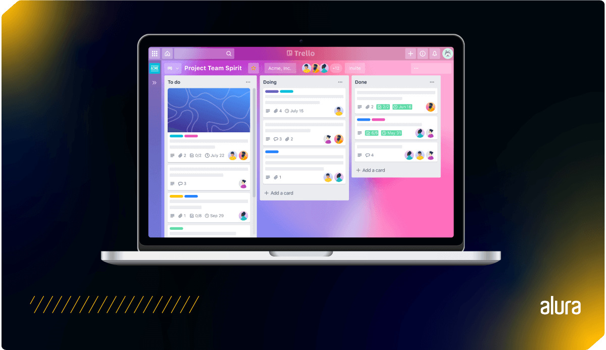 Interface de um quadro de tarefas do Trello mostrando as colunas To do, Doing e Done.