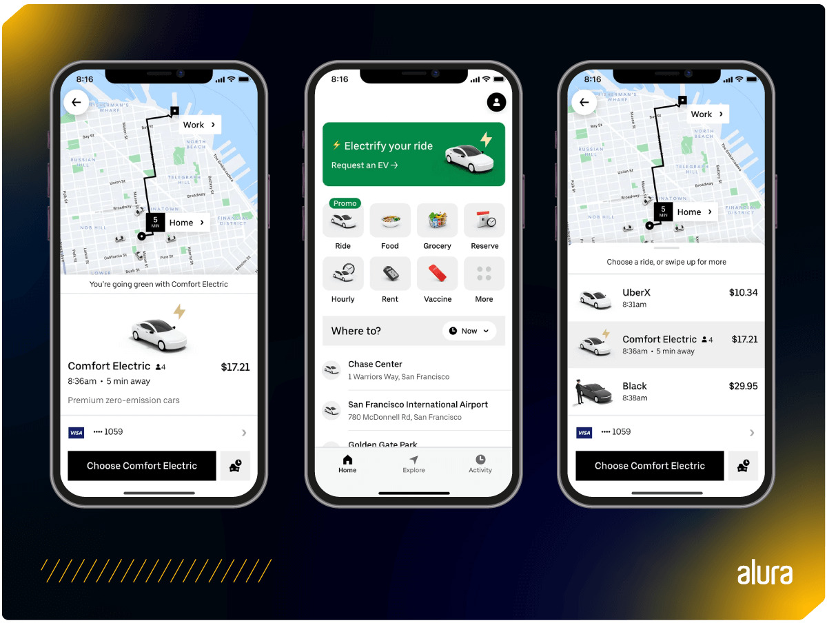 Interface do aplicativo de transporte Uber, mostrando opções de corrida e rota planejada.