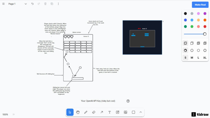 A imagem mostra um protótipo de interface de um jogo estilo "Breakout" com anotações explicando a mecânica do jogo. O jogador começa com 3 vidas e ganha pontos quebrando blocos, enquanto controla um deslizante para rebater a bola. À direita, há uma captura de tela colorida do jogo, destacando os elementos principais em uma tela escura.