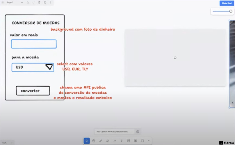 Imagem contendo um print da tela do TLDraw, onde há um desenho da estrutura de um conversor de moedas, com algumas descrições de como o produto irá funcionar.