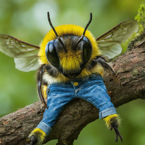 Uma abelha com jeans azul está sentada em um galho de árvore com um fundo verde borrado.