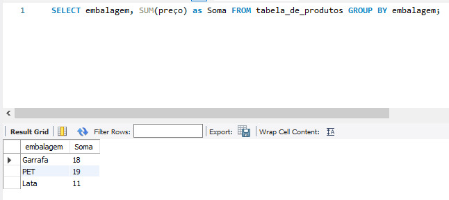 Na parte superior da imagem é apresentada uma linha que contém a seguinte informação: SELECT embalagem, SUM(preço) as Soma FROM tabela_de_produtos GROUP BY embalagem. Na parte inferior da tabela é apresentada uma barra de rolagem horizontal e uma tabela com duas colunas, sendo resultante da query executada com a função SUM. Na coluna embalagem temos as embalagens garrafa, PET e Lata. Na coluna soma temos os números 18,19 e 11.