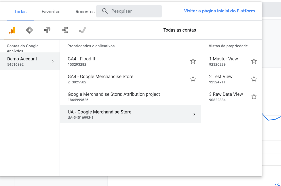 Captura de tela com zoom no canto esquerdo superior da página inicial do Universal Analytics em que são mostrados o nome da conta e seu código GA, ao lado as propriedades e aplicativos. Com uma propriedade selecionada, aparecem, na mesma janela, as vistas da propriedade que são três no total.