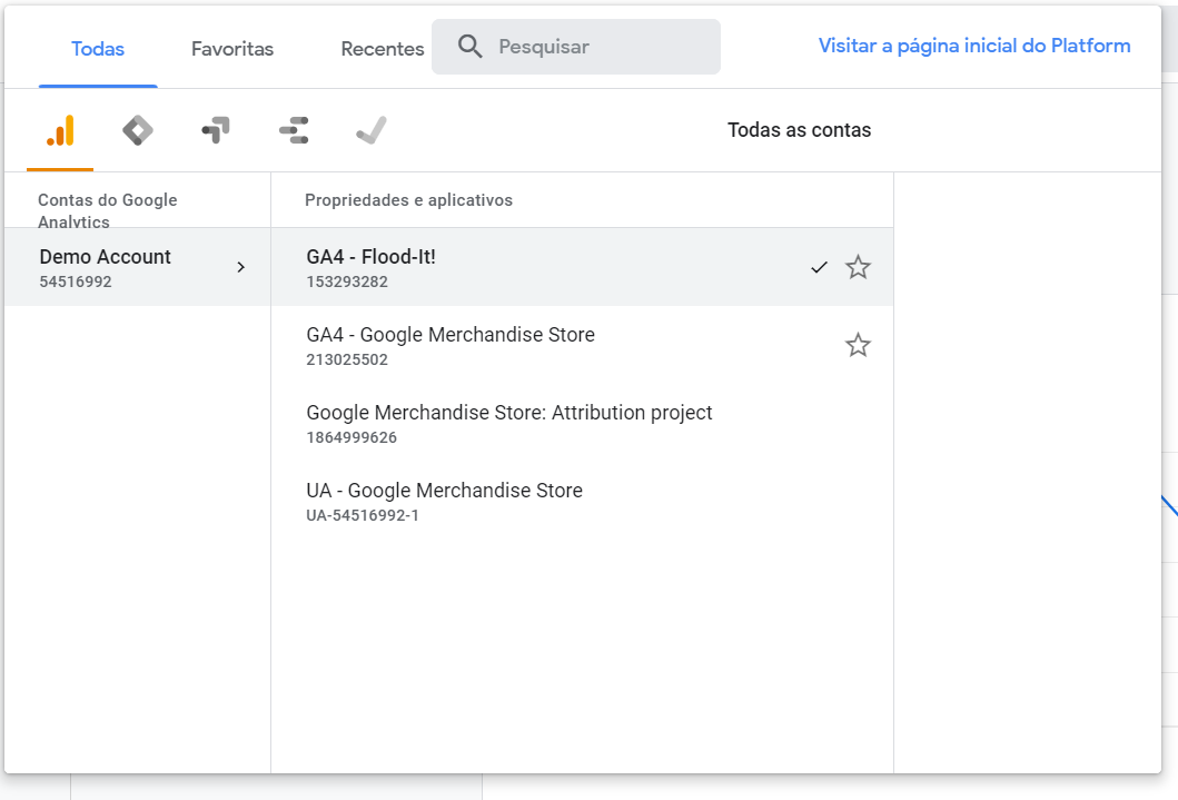 Captura de tela da página inicial do Google  Analytics 4,  em que são mostrados o nome da conta e seu código GA, e ao lado as propriedades e aplicativos organizados um embaixo do outro.