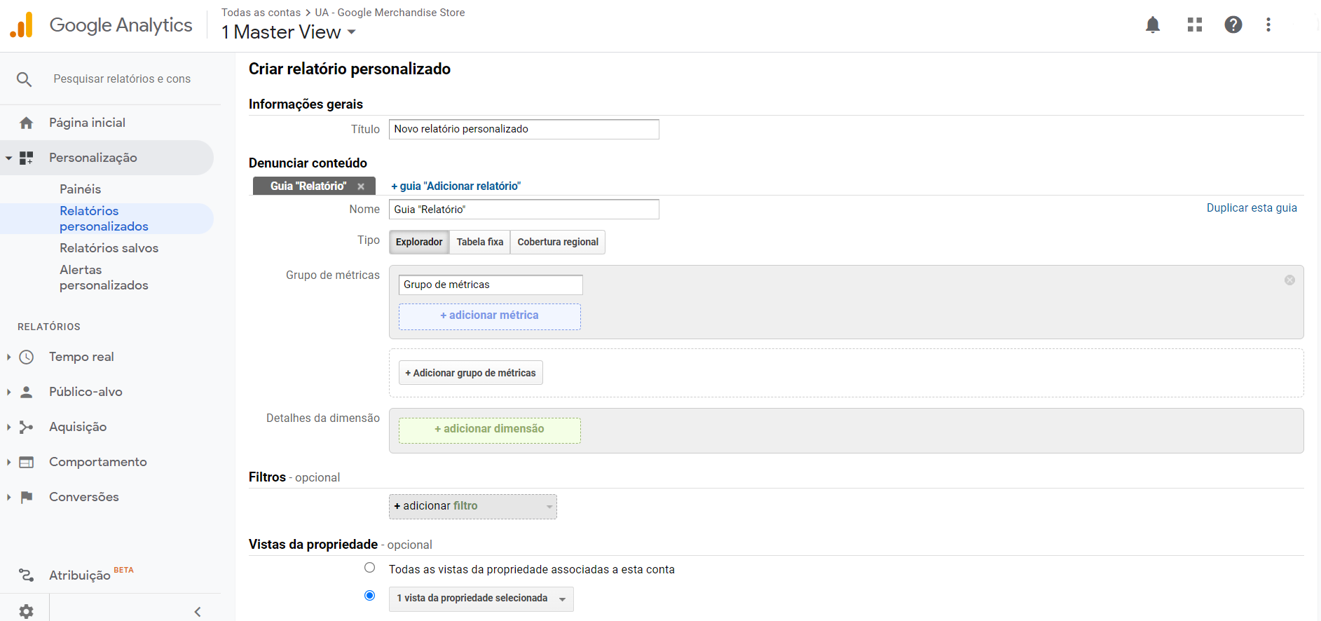 Captura de tela mostrando a interface da página de relatórios personalizados do Universal Analytics em que são mostrados campos de título do relatório, nome, tipo de conteúdo, grupo de métricas, detalhes da dimensão, filtros por último um campo para selecionar quais vistas da propriedade serão escolhidas para análise.