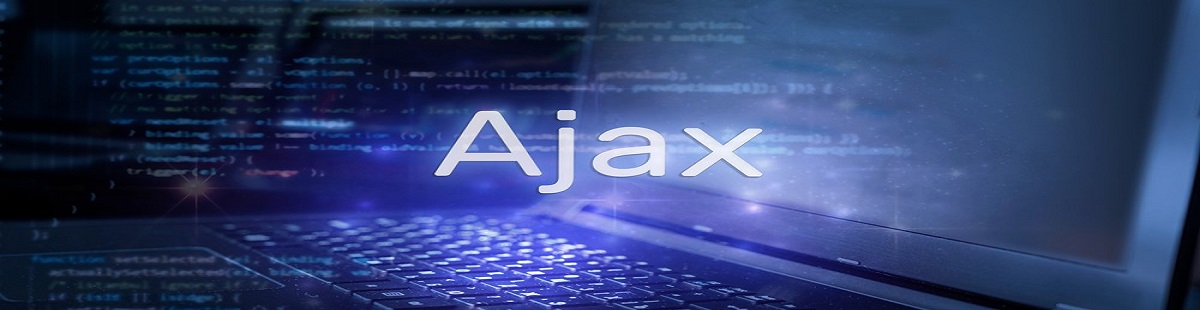 Imagem com um notebook, códigos e a palavra "AJAX" em branco e no centro.