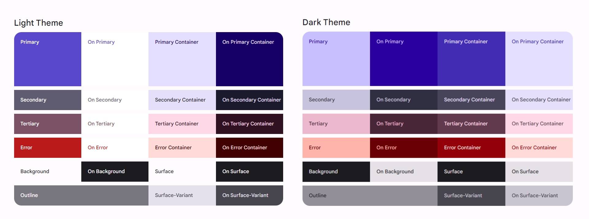 Imagem que mostra duas paletas de cores uma de cada lado da imagem, a primeira possui o texto “Light Theme” em cima, suas cores são tons de roxo, vermelho, marrom e cinza mas todas cores claras. A segunda paleta possui o texto “Dark Theme” e possui as mesmas cores da outra paleta, mas com tons mais escuros.