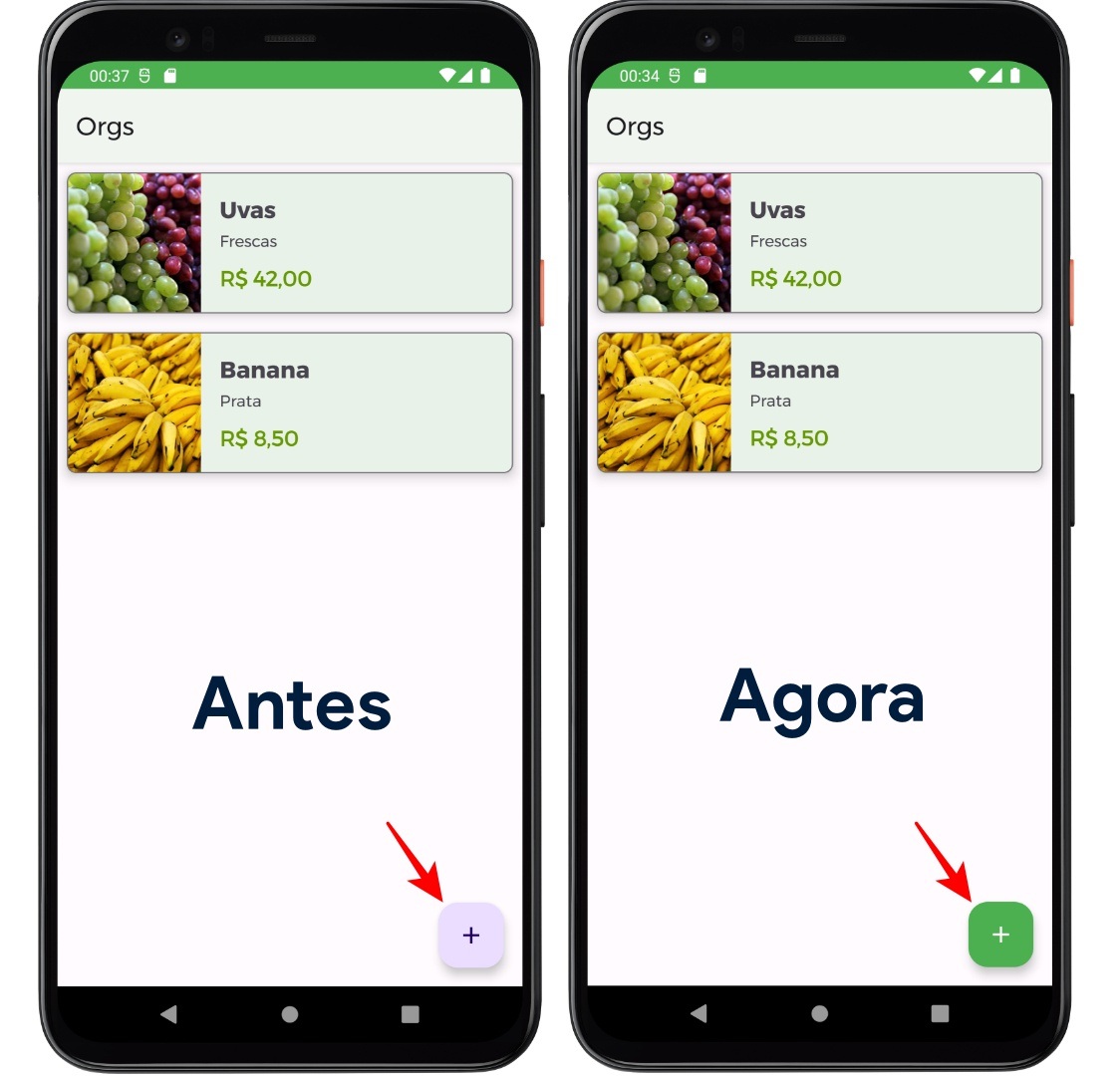 Imagem que coloca, lado a lado, duas representações de celulares com o aplicativo Orgs aberto. O celular à esquerda mostra uma lista de produtos (os quais são uva e banana) no canto inferior direito da tela, há um botão em um tom claro de roxo destacado por uma seta vermelha com a palavra “antes”. O celular à direita mostra a mesma lista de produtos, porém agora atualizada, no lado direito inferior da tela, há um botão, mas na cor verde, e uma seta precedida pela palavra “agora”.