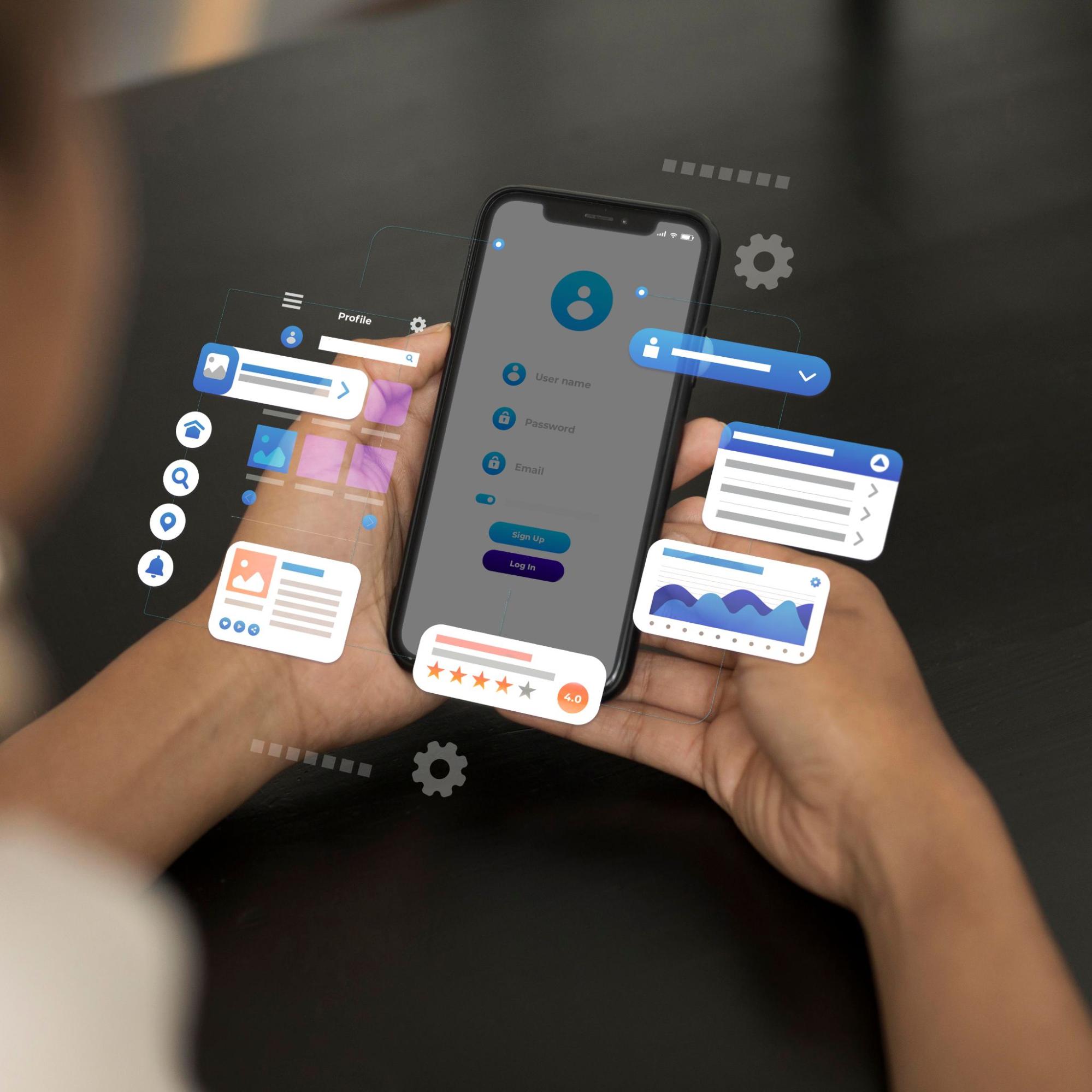 Imagem contendo alguns componentes de interface em destaque, enquanto uma pessoa utiliza o seu celular.
