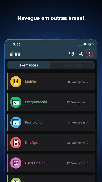 Printscreen de menu kebab no App da Alura com três pontos circulados em vermelho na Tela do app da Alura.