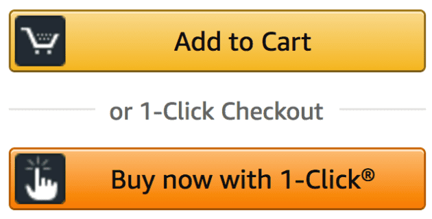 PrintScreen de carrinho de comprar de site de vendas, no botão na tonalidade amarela na parte superior há ícone de carrinho de supermercado na esquerda e frase “adicione ao carrinho”, na parte central da imagem existe a frase “ou checkout em 1 clique” em tonalidade cinza. Na parte inferior há um botão na tonalidade laranja, com ícone de mão com um dedo clicando e a frase “Compre agora com um clique” à direita e a marca registrada acima da frase.