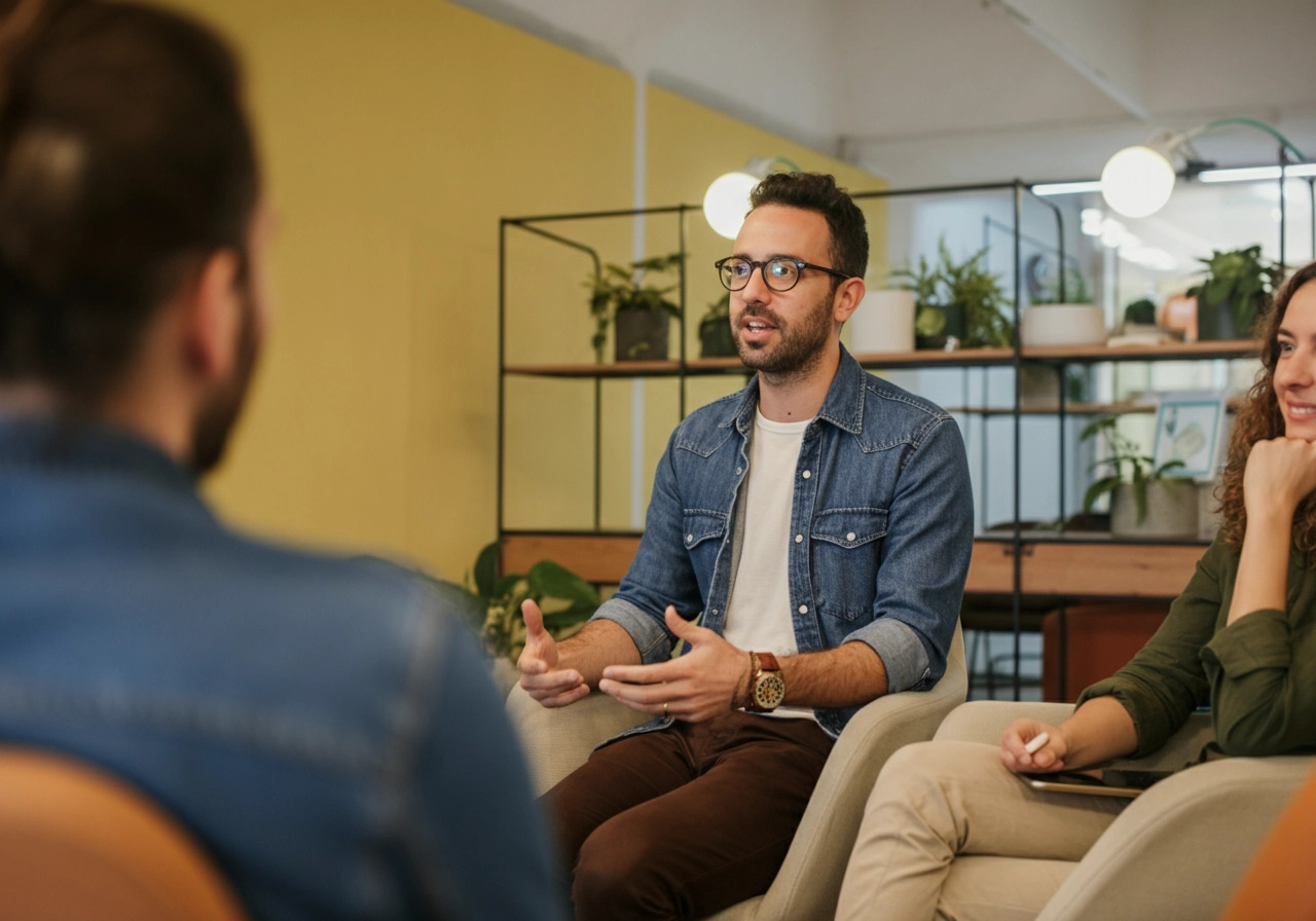 Homem de camisa branca e jaqueta jeans, sentado em uma poltrona, conversando com a sua equipe em uma sala moderna com algumas plantas ao fundo.