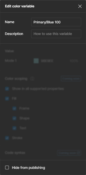 Variável de cor mostrando os campos “Nome” e “Descrição” na parte superior, e na parte inferior um checkbox com o texto "Hide from publishing” escrito.