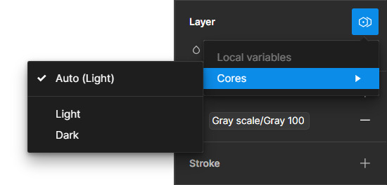 Menu de opções de coleção aberta no Figma, mostrando somente uma coleção, chamada “Cores”, e exibindo os dois modos de cor que podem ser selecionados, sendo a primeira opção uma definição automática para o modo 1, e as abaixo chamadas “Light” e “Dark”, respectivamente.