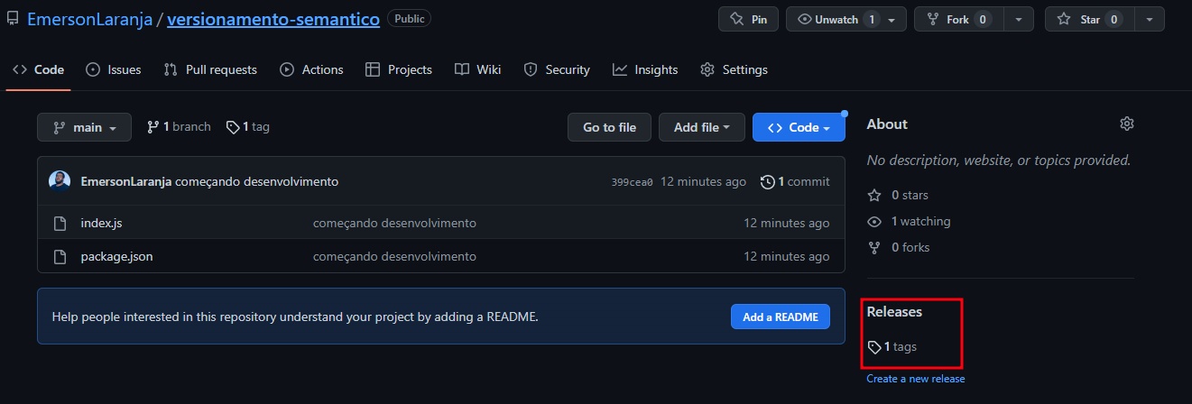 Tela do projeto criado no Github sobre versionamento semântico. A tela traz informações sobre os arquivos do projeto, autor (EmersonLaranja), quantidades de branches e quantidades de tags. Na parte inferior direita da tela, há um uma coluna destacada em vermelho com nome “Releases” em que temos dentro da coluna um ícone de etiqueta acompanhada da frase “1 tags”.