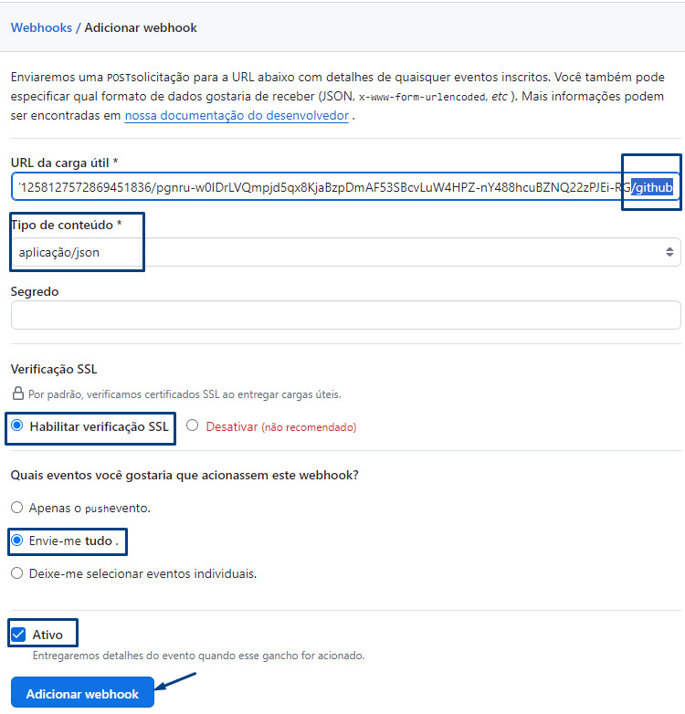 Página de configuração de uma integração do webhook contendo as opções de definir URL, na qual está destacado o final /github. Em seguida, o campo tipo de conteúdo está definido como aplicação/json.A opção verificação SSL está habilitada. Na opção de eventos que você gostaria que acionasse este webhook, está selecionado para enviar tudo. A entrega está definida como ativa e está destacado o botão Adicionar webhook.