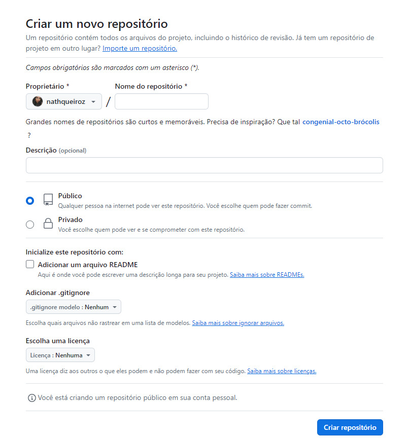 Criação de um novo repositorio publico no Github