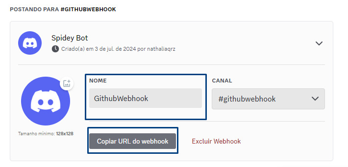 Imagem mostra a edição da integração do webhook no Discord com a opção de definir nome e copiar URL do webhook.