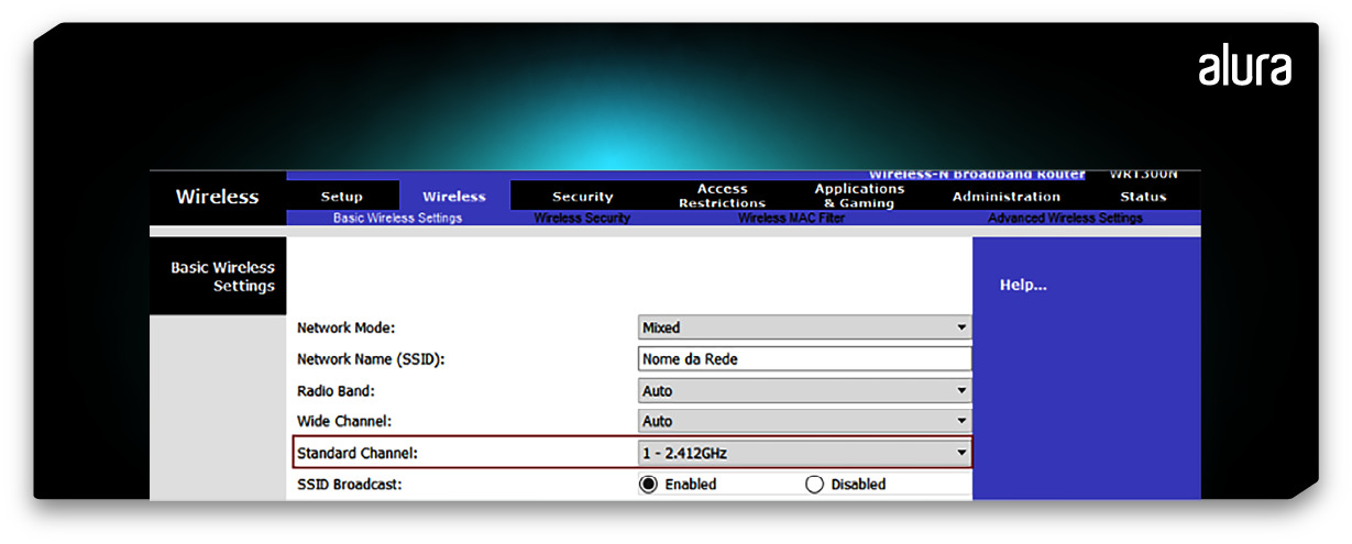 Painel de configurações de um roteador, destacando o “Standard Channel” e as opções de canais disponíveis.