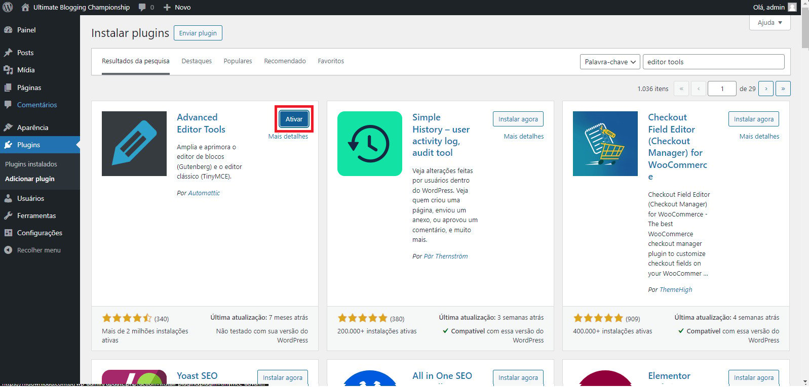 Página de instalação de plugins clicando em ativar.