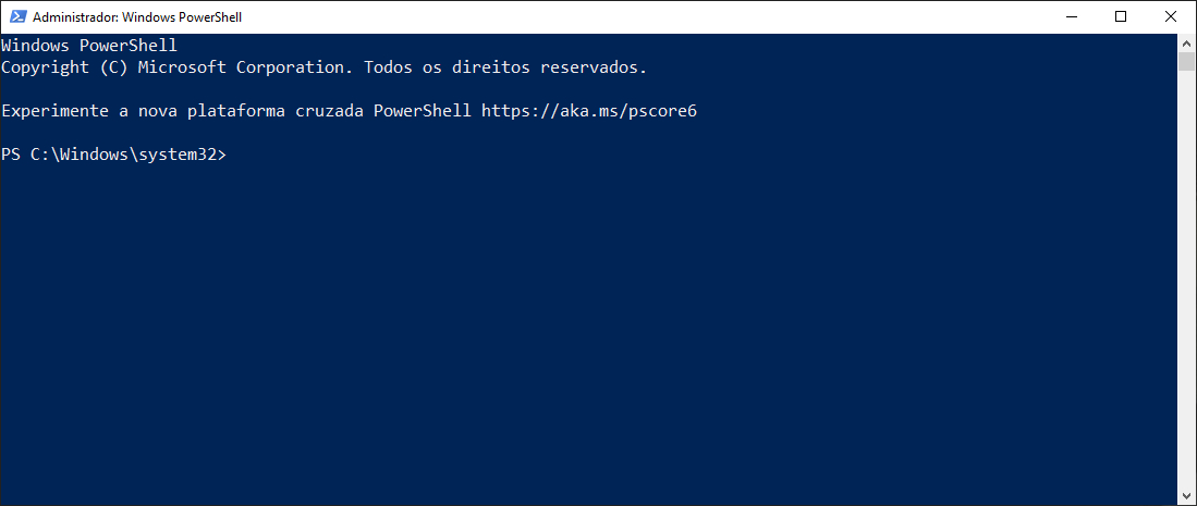 Imagem do programa PowerShell sendo executado. Trata-se de uma tela preta com uma sequência de textos: “Windows PowerShell, copyright © Microsoft Corporation. Todos os direitos reservados. Experimente a nova plataforma cruzada PowerShell https://aka.ms/pscore6”. Na linha de baixo, o comando “PS C:\Windows\system32”.