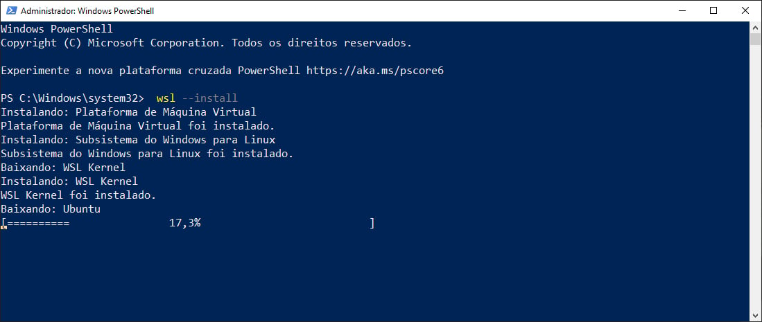 Tela do PowerShell com o processo de instalação do WSL.