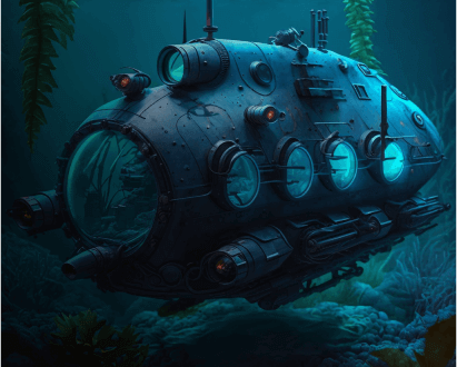 Ilustração de um submarino parado no fundo do mar. A frente do submarino possui uma escotilha esférica grande. Ele é ladeado por outras 4 escotilhas menores. O submarino tem características futuristas. O submarino é iluminado por uma luz azulada que vem de cima. Atrás do submarino, em segundo plano, surgem de cima duas algas extensas e verticais. O fundo do mar está populado por corais e mais vegetação maritima. 