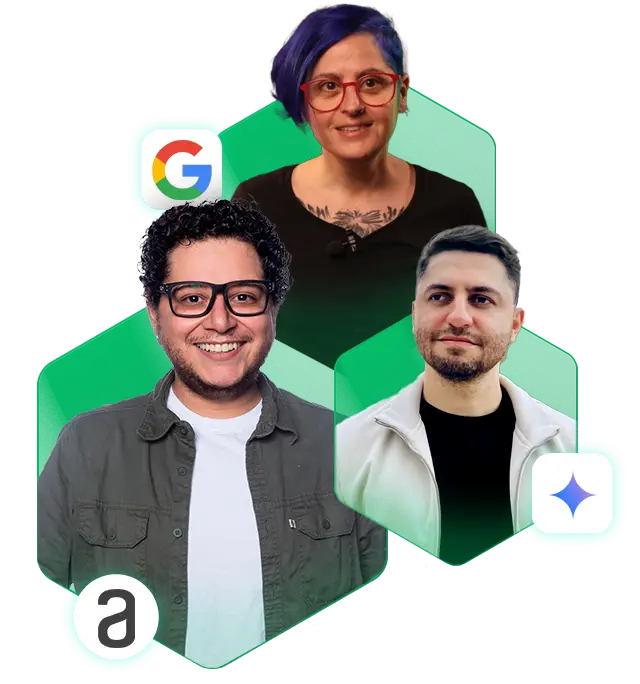 Imagem dos instrutores da Imersão Dev Back-End da Alura com o Google, apresentando, da esquerda para a direita, de cima para baixo André David, Juliana Amoasei e Guilherme Lima. Eles estão em frente a um fundo verde com elementos gráficos do Google e da Alura, cada um vestindo camisas casuais e sorrindo.