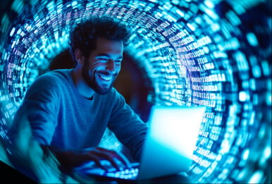 Um homem sorridente digitando em um laptop, cercado por um túnel de luz azul e códigos digitais, representando um ambiente tecnológico ou cibernético.